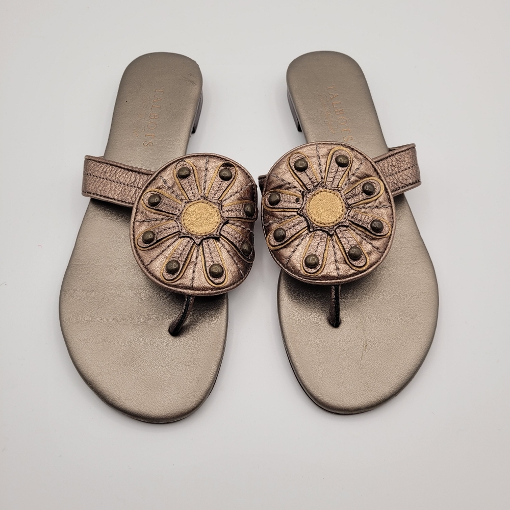 Talbots Woman's Sandals MetallicAnthracite leather Thong Flip Flop Size 7 - Picture 2 of 10